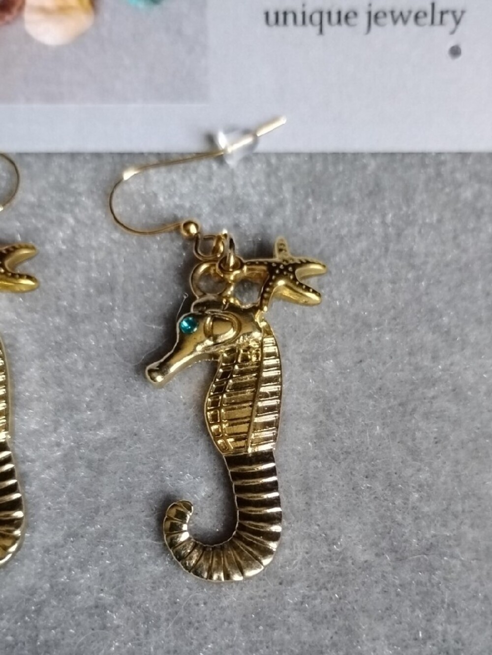 Gold Seahorse Earrings with Turquoise Accent - Picture 2 of 6